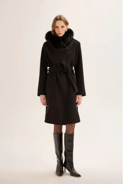 KAPÜŞONU TİLKİ KÜRKLÜ PUNTO DİKİŞLİ KEMERLİ KABAN SİYAH