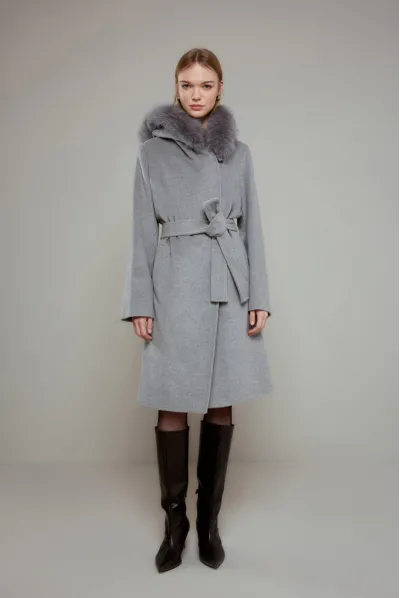 TİLKİ KÜRK DETAYLI PUNTO DİKİŞLİ GRİ KADIN KABAN