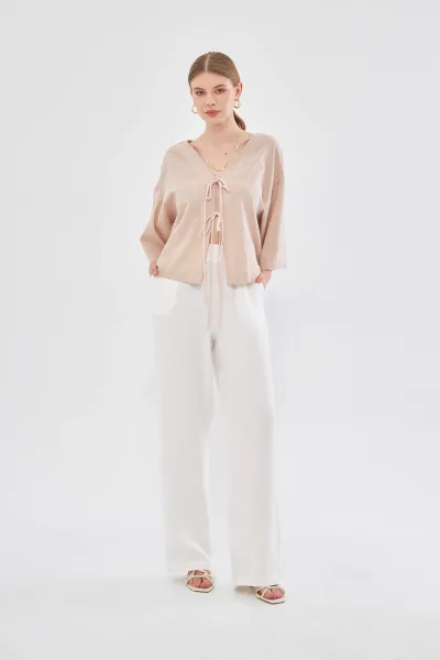 BELİ LASTİKLİ BEYAZ KETEN PANTOLON