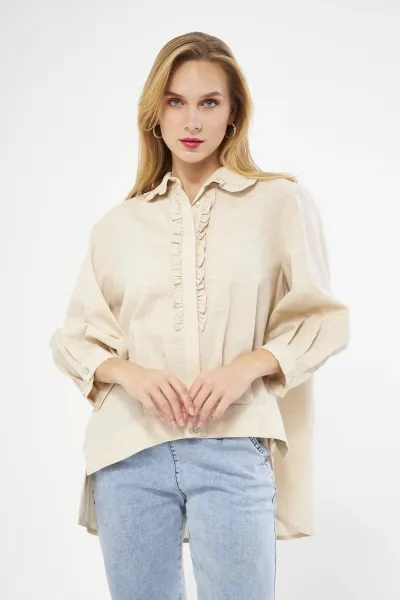 FIRFIR DETAYLI BEJ KADIN GÖMLEK