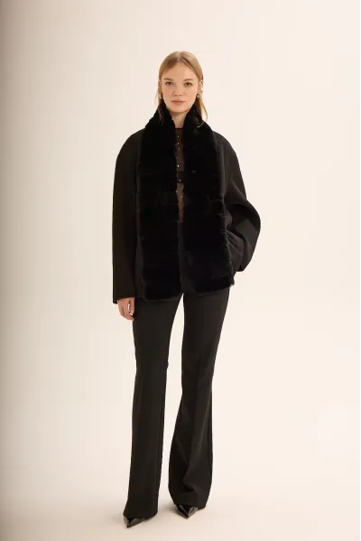 REX KÜRK YAKA KISA KAŞMİR KABAN SİYAH