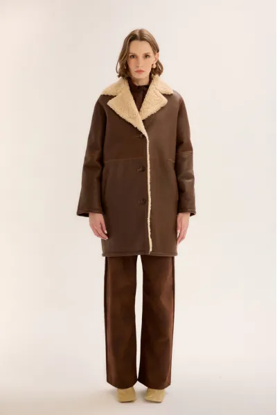 SHEARLING DETAYLI KAHVE KISA DERİ KABAN