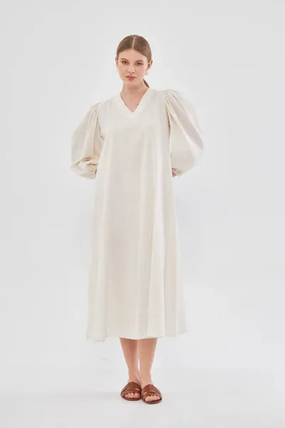 BALON KOLLU V YAKA EKRU KIRÇIL ELBİSE