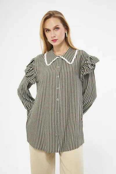 DANTEL İŞLEMELİ FIRFIRLI ÇİZGİLİ HAKİ GÖMLEK