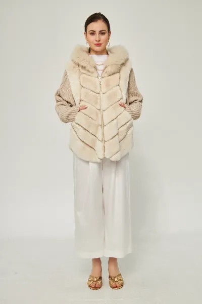 TRİKO KOLLU BEJ REX KÜRK KADIN MONT