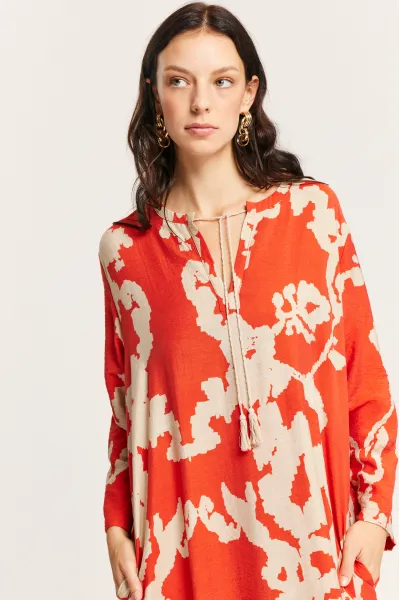 BAĞLAMA DETAYLI DESENLİ ELBİSE