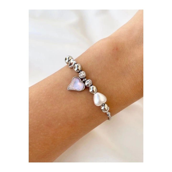 Kadın Gümüş Renk Pembe Taşlı Kalp Model Çoklu Charm Bileklik