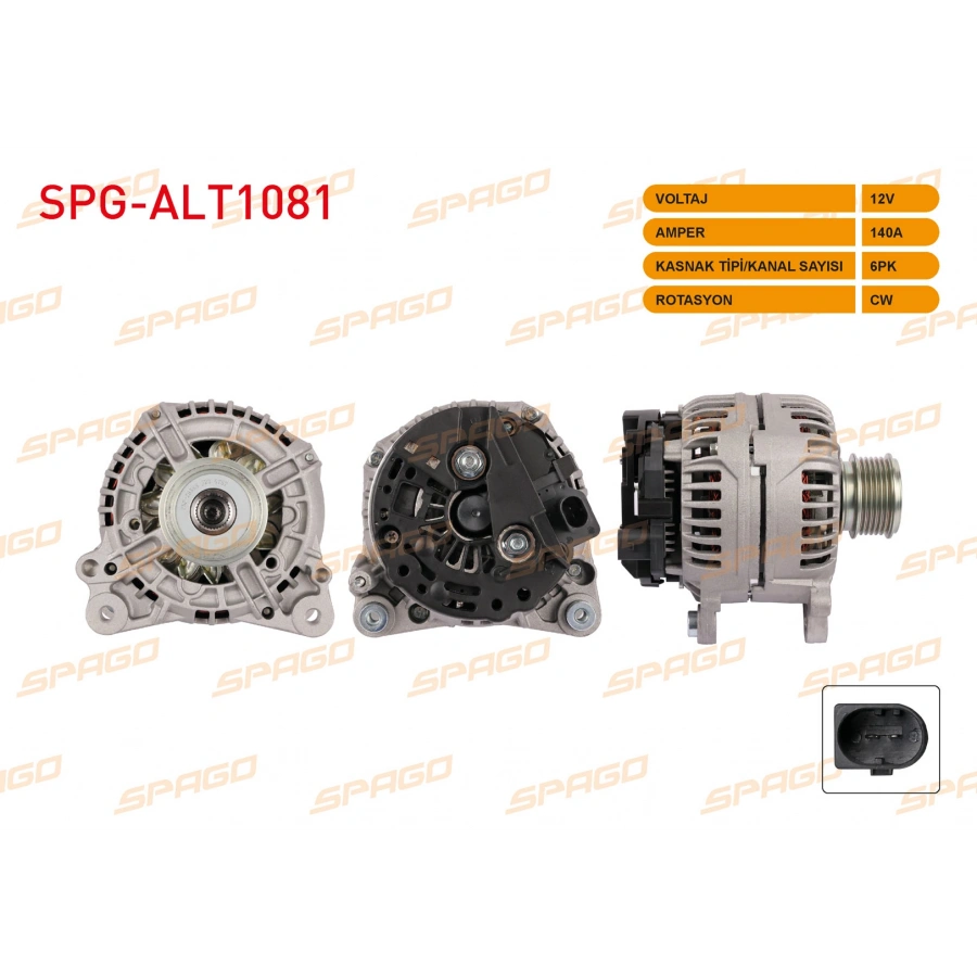 ALTERNATOR 12V 140A 6PK POLO V - GOLF V VI - PASSAT B6 B7 - TRANSPORTER T5 (1.6 1.9 2.0 TDI ARACLAR ICIN)