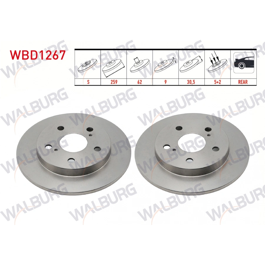 FREN DISKI ARKA DUZ 5 BJN 259X9X62X30,5 TOYOTA COROLLA 1.4 VVT-I - 1.6 VVT-I 2007-2012/COROLLA 1.6 2012-/COROLLA 1.33 2007-2012/AURIS 1.33 DUAL-VVT-I 2007-2012/AURIS 1.6 VVT-I 2007-2012