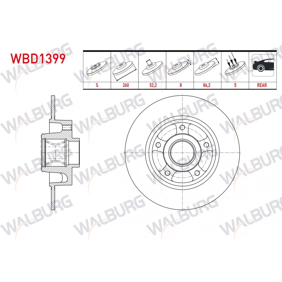 FREN DISKI ARKA DUZ 5 BJN 260X8X62,02X86,2 RENAULT MEGANE IV 1.5 DCI - 1.6 16v - 1.2 TCE MANYETIK ABS HALKALI PORYALI RULMANLI 2016-