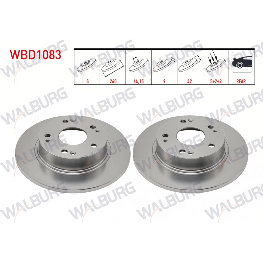 FREN DISKI ARKA DUZ 5 BJN 260X9X64,15X42 HONDA CIVIC IX 1.6i - 1.4i - 1.8 2012-2016/ CIVIC VIII 1.6 - 1.4 2005-2012/ CIVIC VII 1.8 I-VTEC - 2.0 I-VTEC 2000-2006