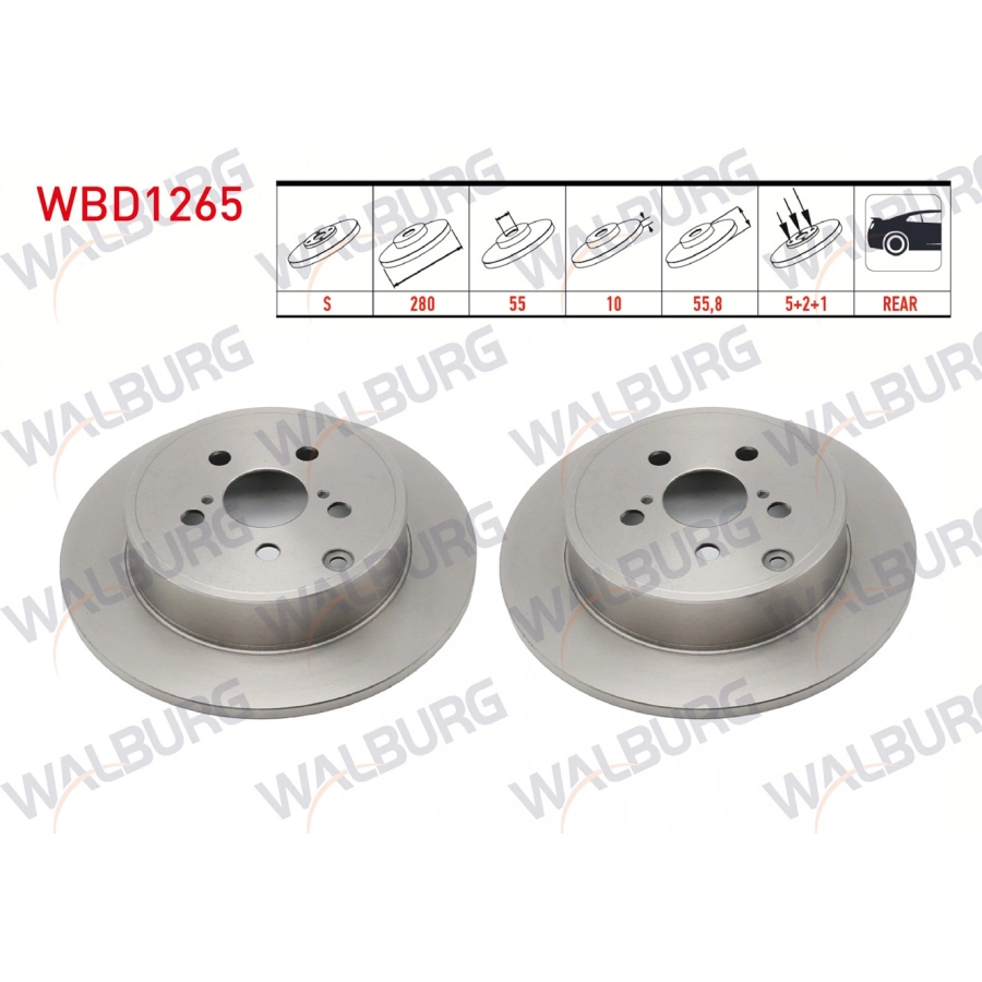 FREN DISKI ARKA DUZ KAPLAMALI 5 BJN 280X10X55X55,8 TOYOTA AVENSIS 1.6 VVT-I 2003-2008 / AVENSIS 1.8 2003-2008 / AVENSIS 2.0 D-4D 2003-2008