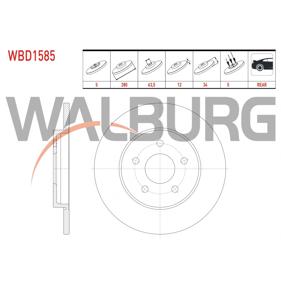 FREN DISKI ARKA DUZ 5 BJN 280X12X63,5X34 FORD MONDEO III 2.0i 16v - 2.0 TDCI 2000-2007/ JAGUAR X-TYPE 2.0 D - 2.1 - 2.2 D - 2.5i - 3.0 2006-2009