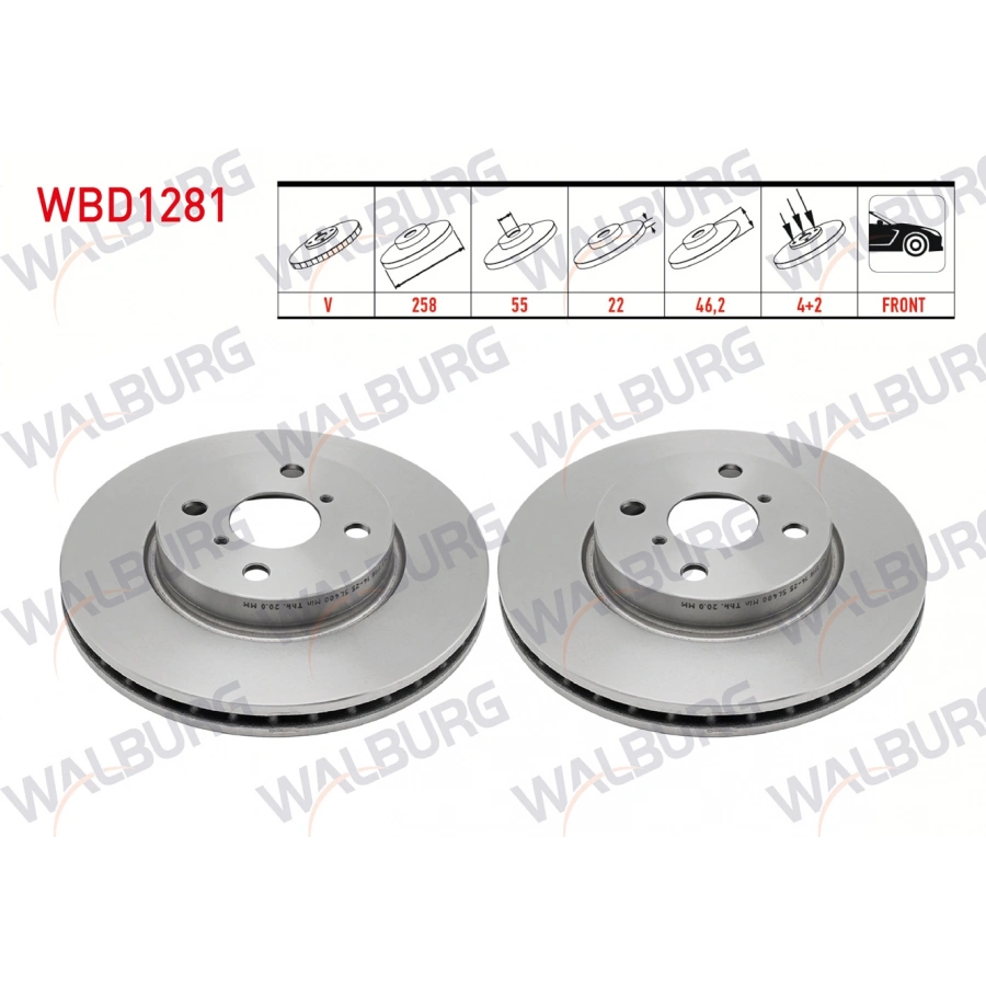 FREN DISKI ON HAVALI 4 BJN 258X22X55X46,2 TOYOTA YARIS 1.0 VVT-I 2006-2010 / YARIS 1.3 VVT-I 2006-2010 / YARIS 1.33 VVT-I 2006-2010 / YARIS 1.4 D-4D 2006-2010