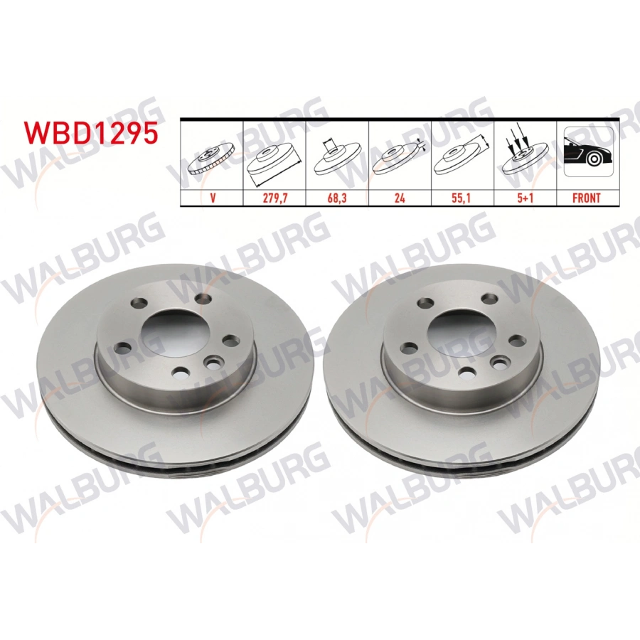 FREN DISKI ON HAVALI 5 BJN 279,7X24X68,3X55,1 VOLKSWAGEN TRANSPORTER IV 1.9 D 1990-2003 / TRANSPORTER IV 2.4 D 1990-2003 / TRANSPORTER IV 2.5 TDI 1990-2003 / TRANSPORTER IV 2.5 D 1990-2003