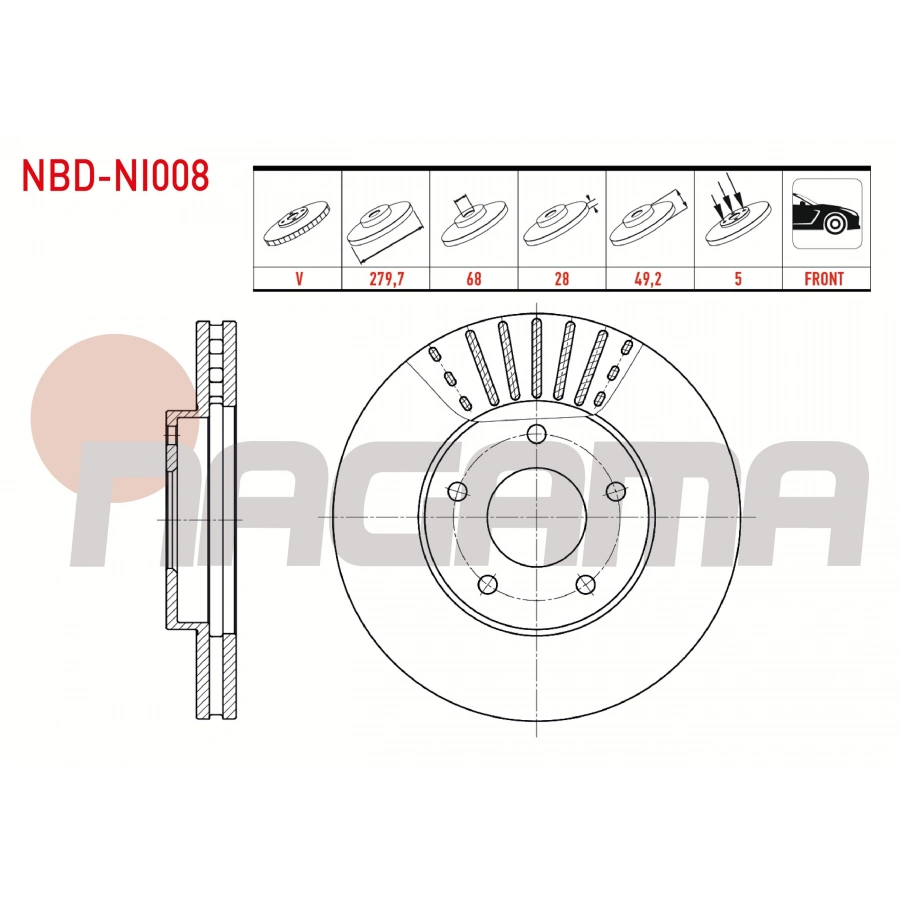 FREN DISKI ON HAVALI 5 BJN 279,7X28X68X49,2 NISSAN PRIMERA (P12) 1.6i - 2.0i 2002-/ X-TRAIL (T30) 2.0i 2001-2007 / X-TRAIL (T30) 2.2 DI 2001-2007
