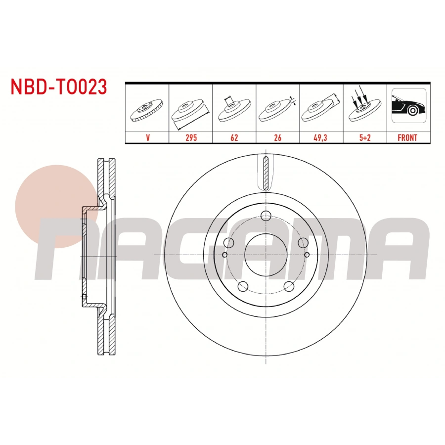 FREN DISKI ON HAVALI 5 BJN 295X26X62X49,3 TOYOTA COROLLA VERSO 1.6 2004-2009 / COROLLA VERSO 1.8 2004-2009 / COROLLA VERSO 2.0 D-4D 2004-2009