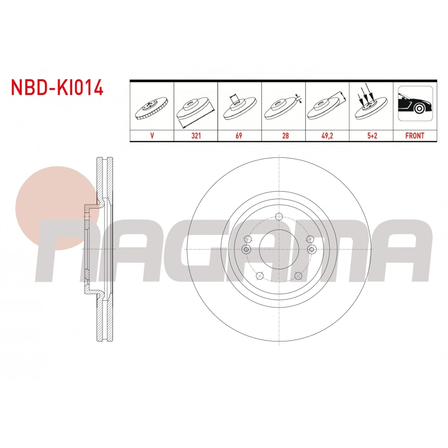 FREN DISKI ON HAVALI PERFORMANS DELIKLI 5 BJN 321X28X69X49,2 KIA SORENTO (XM) 2.0 CRDI - 2.2 CRDI - 2.5 CRDI 2009-2015/HYUNDAI SANTA FE (CM) 2.0 CRDI - 2.2 CRDI 2006-2012/SANTA FE (DM) 2.0 CRDI 2012-