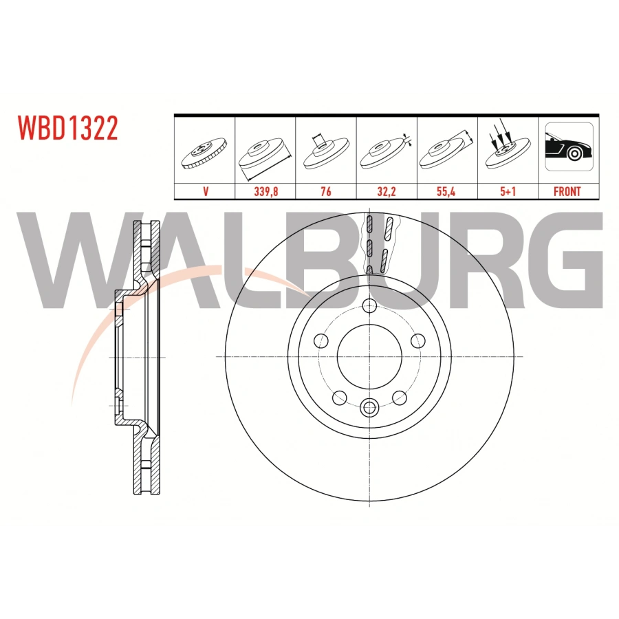 FREN DISKI ON HAVALI KAPLAMALI PERFORMANS DELIKLI 5 BJN 339,8X32,2X76X55,4 VOLKSWAGEN TRANSPORTER V 1.9 TDI - 2.0 TDI 2.4 2.5 TDI 2003-2015/TRANSPORTER VI 2.0 TDI 2015-/TRANSPORTER VII 2.0 TDI 2019-