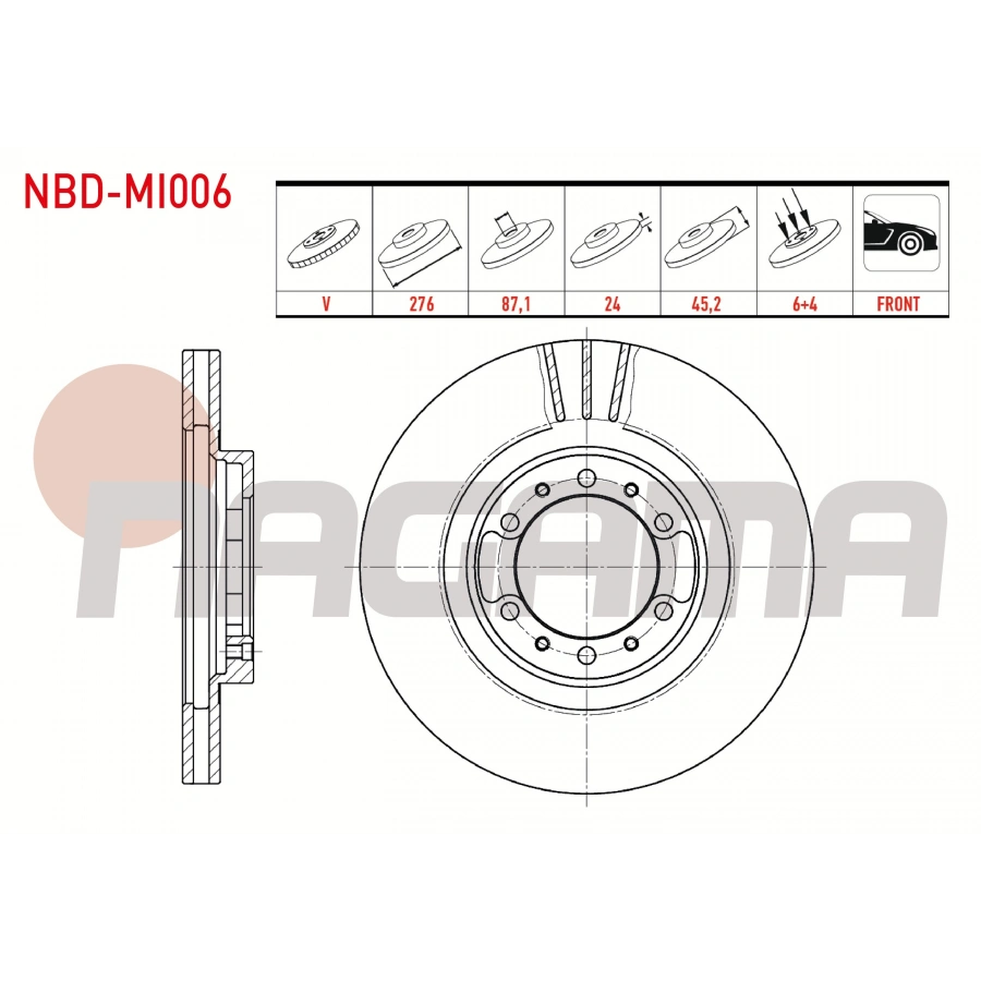 FREN DISKI ON HAVALI 6 BJN 276X24X87,1X45,2 MITSUBISHI L 200 (K7T,K6T) 2.5 D 4X4 1996-2007 / PAJERO II 2.5 TD - 2.8 TD - 3.5 V6 4X4 1990-1999