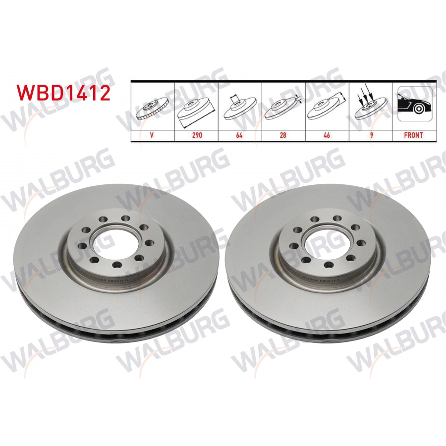 FREN DISKI ON HAVALI 9 BJN 290X28X64X46 IVECO DAILY III 2.8 D 1999-2006/ DAILY IV 2.3 - 3.0 D 2006-2011/ DAILY V 2.3 D 8 2011-2014/ DAILY VI (70 C15) 2.3 D - 3.0 D 2014-