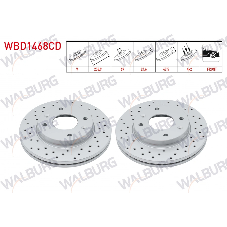 FREN DISKI ON HAVALI KAPLAMALI PERFORMANS DELIKLI 4 BJN 256,9X24,6X69X47,5 HYUNDAI ELANTRA 1.6i 2001-2007/ SONATA 2.0i 2001-2004/ KIA MAGENTIS 2.0i 2001-2005