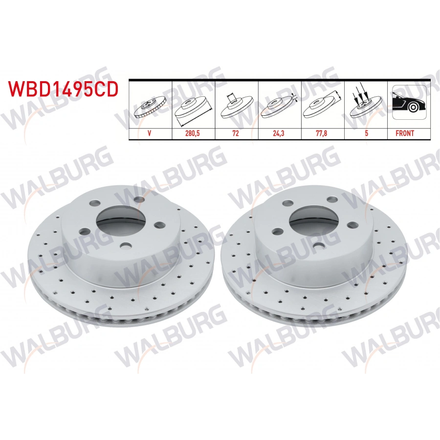 FREN DISKI ON HAVALI KAPLAMALI PERFORMANS DELIKLI 5 BJN 280,5X24,3X72X77,8 JEEP CHEROKEE (XJ) 4.0i 1984-2001 / GRAND CHEROKEE I (ZJ) 4.0 - 5.2 1991-1999 / WRANGLER I (YJ,SJ) 2.5 - 4.0 1986-1996