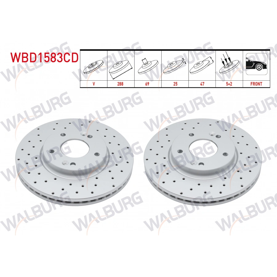 FREN DISKI ON HAVALI KAPLAMALI PERFORMANS DELIKLI 5 BJN 288X25X69X47 HYUNDAI I30 (PDE, PD) 1.4 MPI - 1.6 CRDI 2016- / KIA CEED 1.0 T-GDI - 1.4 T-GDI - 1.6 CRDI 2018-