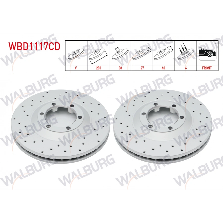 FREN DISKI ON HAVALI KAPLAMALI PERFORMANS DELIKLI 6 BJN 280X27X88X40 ISUZU D-MAX (8DH) 2.5 D 4X4 2002-2012 / D-MAX (8DH) 3.0 D A-T 4X4 2002-2012 / D-MAX (8DH) 2.5 DITD 4X4 2002-2012