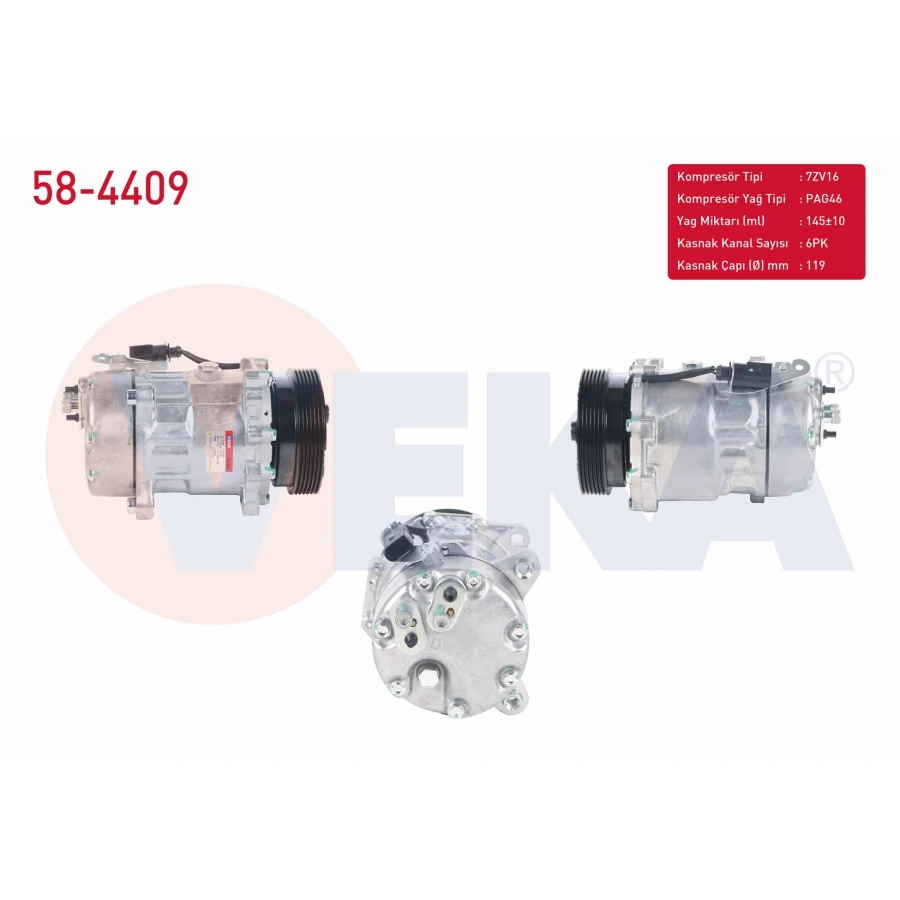 KLIMA KOMPRESORU 6PK 119mm AUDI A3 1.6 1996-2003 / SEAT LEON 1.6i 16v 1999-2006/ VW GOLF IV 1.6i 1997-2005/ CADDY III 1.9 TDI 2004-2015/ TRANSPORTER V 1.9 TDI 2003-2011