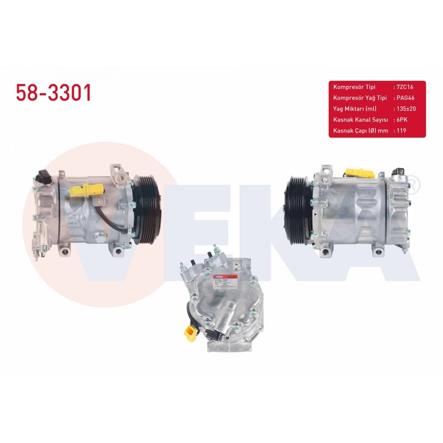 KLIMA KOMPRESORU 6PK 119mm CITROEN BERLINGO 1.6 HDI 2008-/ C4 2.0 2004-2009/ C4 GRAND PICASSO 1.6 HDI 2006-/ C5 III 1.6 HDI 2008-2015/ PEUGEOT 3008 1.6 HDI 2009-/ PARTNER 1.6 BlueHDI 2018-