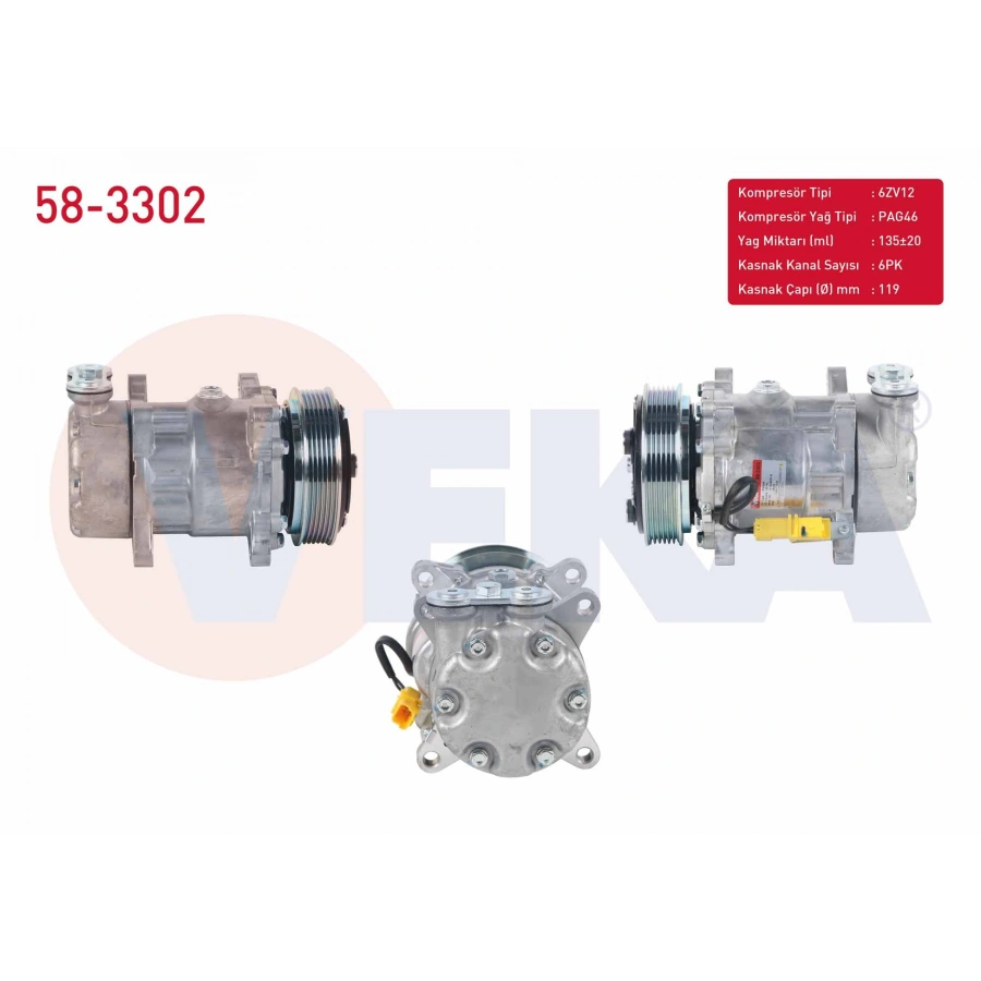 KLIMA KOMPRESORU 6PK 119mm CITROEN C2 1.4 2003-2009/ C3 1.6 2002-2009/ XSARA 1.6 1997-2005/ PEUGEOT 206 1.4 HDI - 1.6i 16v 1998-2006/ 307 1.6 2000-2007