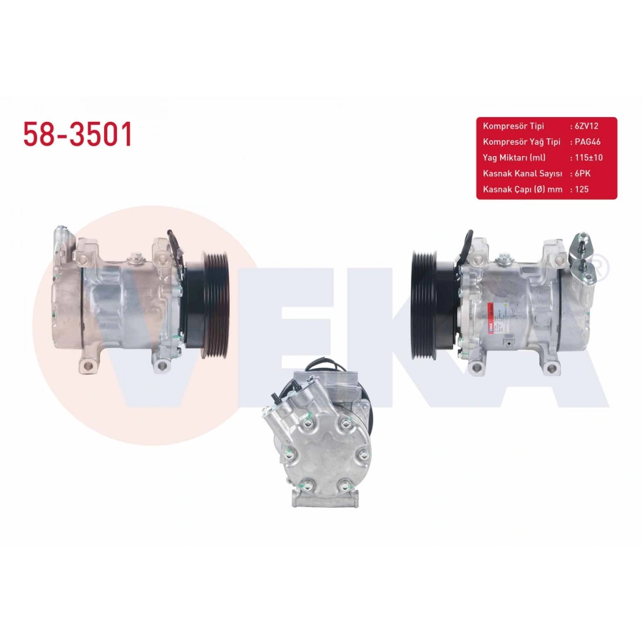 KLIMA KOMPRESORU 6PK 125mm DACIA LOGAN 1.4 MPI 2004-2012/ SANDERO 1.4 2008-2013/ RENAULT KANGOO 1.5 DCI 1998-2008/ CLIO II 1.5 DCI 1998-2005/ MEGANE II 1.5 DCI 2002-2008/ SYMBOL 1.5 DCI 2008-2012