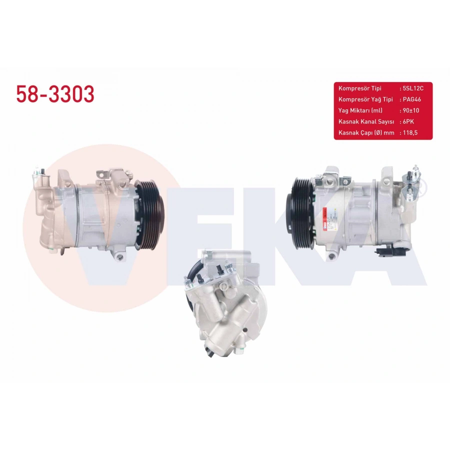 KLIMA KOMPRESORU MUSURLU 6PK 118,5mm CITROEN BERLINGO 1.6 HDI 2008-/ C4 1.6 HDI 2009-/ CACTUS 1.6 HDI 2014-/ DS3 1.6 HDI 2014-/ PEUGEOT 2008 1.6 HDI 2013-/ PARTNER 1.6 HDI 2008-/ RCZ 1.6 THP 2013-2015