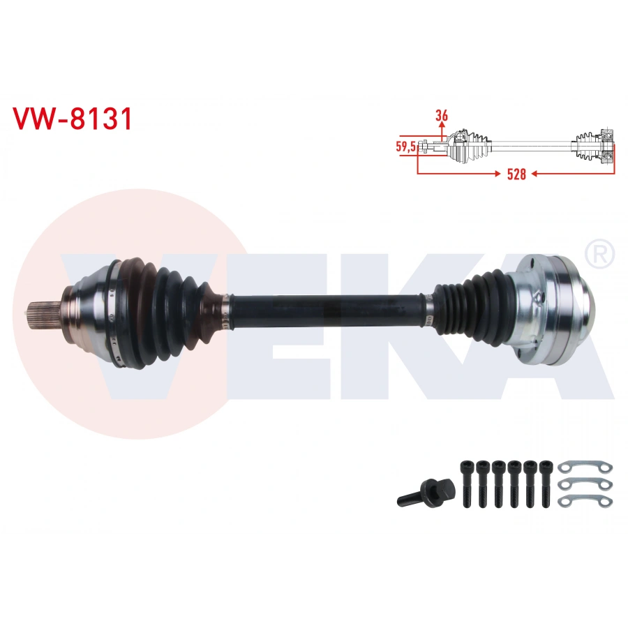 KOMPLE AKS ON SOL UZUNLUK 528mm VOLKSWAGEN SCIROCCO 1.4 TSI A-T 2008-2017/ GOLF VI 1.4 TSI A-T 2008-2013/ PASSAT 1.4 TSI A-T 2005-2008/ AUDI A3 1.4 TFSI A-T 2007-2008/ OCTAVIA 1.4 TSI A-T 2008-2013