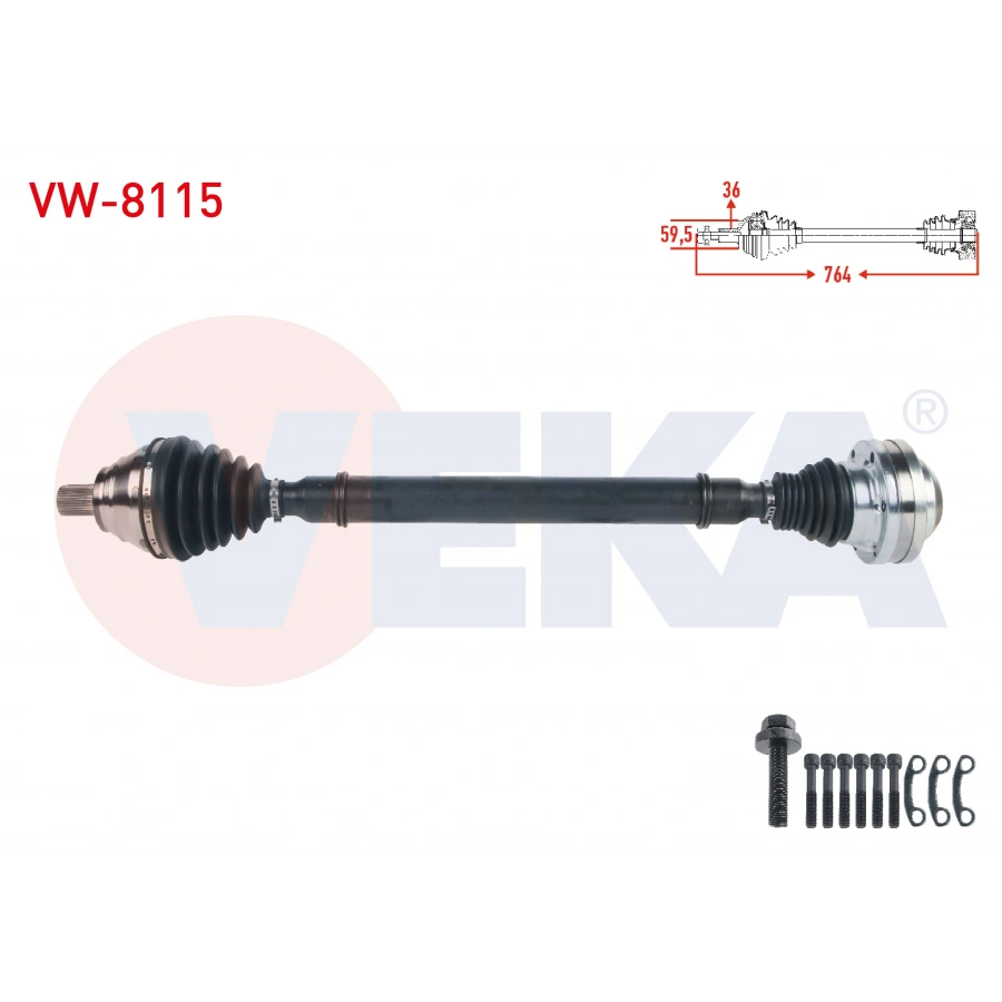 KOMPLE AKS SAG ON UZUNLUK 764mm VOLKSWAGEN GOLF V (1K1) 1.4 TSI A-T 2003-2009/ JETTA III (1K2) 1.4 TSI A-T 2005-2010/ GOLF PLUS (5M1) 1.4 TSI 2006-2008