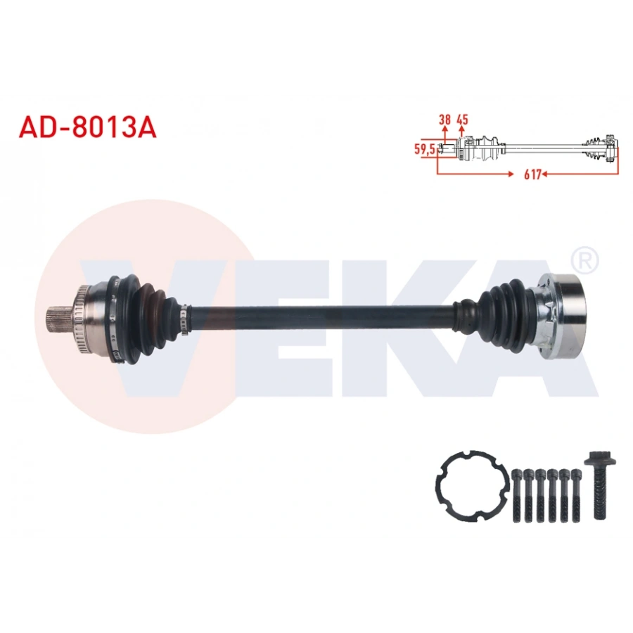 KOMPLE AKS SOL ON ABSLI 45 DIS UZUNLUK 617mm AUDI A4 (8E2,B6) 1.6 2000-2004/ A4 (8EC,B7) 1.6 2004-2008