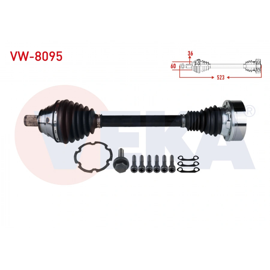 KOMPLE AKS SOL ON UZUNLUK 523mm VW GOLF VII (5G1) 1.6 TDI A-T 2012-/ GOLF VI(5K1) 1.6 TDI M-T 2008-2013/ PASSAT (3C5) 1.6 TDI M-T 2008-2013/ JETTA IV (162) 1.6 TDI 7 VITES 2011-