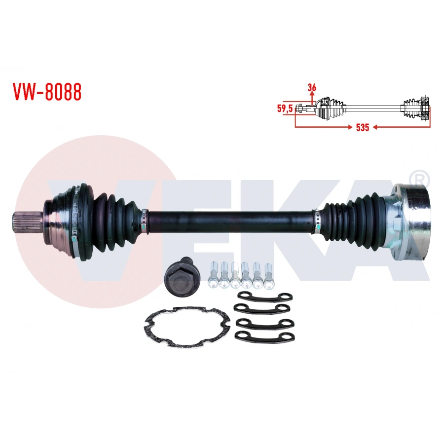KOMPLE AKS SOL ON UZUNLUK 535mm VW GOLF V (1K1) 1.4 TSI A-T/M-T 03-09/ GOLF VI (5K1) 1.4 TSI A-T/M-T 08-13 / JETTA III (1K2) 1.4 TSI A-T/M-T 03-09/ PASSAT (362) 1.4 TSI A-T/M-T 08-12