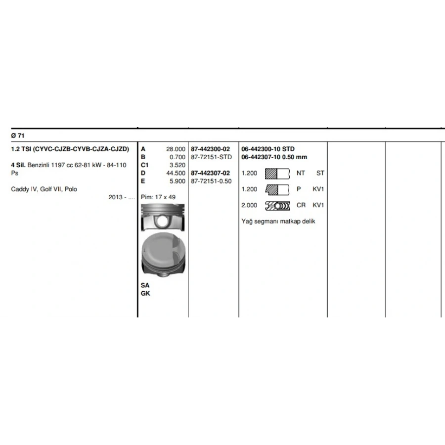 PISTON+SEGMAN 17 Ø (71,00 mm) GOLF7-A3-LEON CYVC-CJZB-CYVB-CJZA-CJZD 1,2 TSI 13-