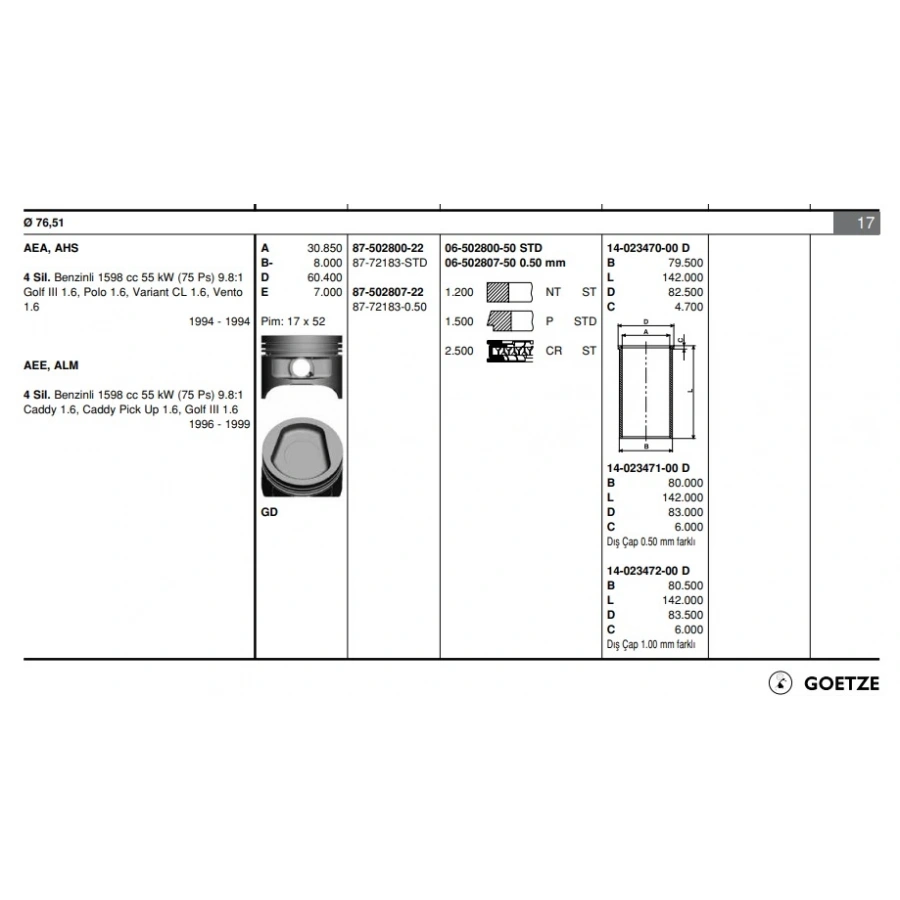 PISTON+SEGMAN 17 Ø (77 mm) POLO-CORDOBA-FABIA AEE-ALM-AEA 1,6 94-99