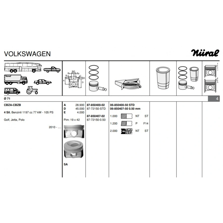 PISTON+SEGMAN 19 Ø (71,00 mm) POLO-A1-IBIZA-FABIA CBZA-CBZB 1,2 TSI 10-