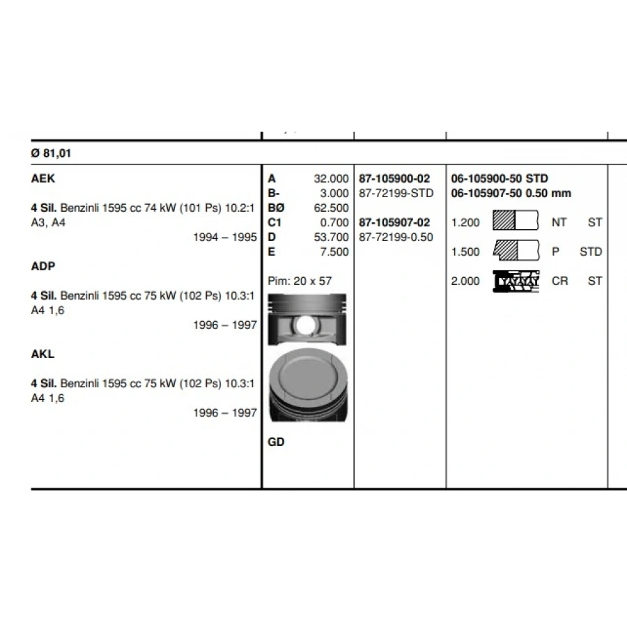 PISTON+SEGMAN 20 Ø (81,5 mm) GOLF4-BORA-PASSAT-A3-TOLEDO AKL-AFT-ADP-AEH 1,6 97-04
