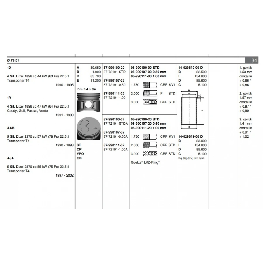PISTON+SEGMAN 24 Ø (80 mm) T4-CADDY 1Y-AAB-AJA 1,9 D-2,4 D 91-