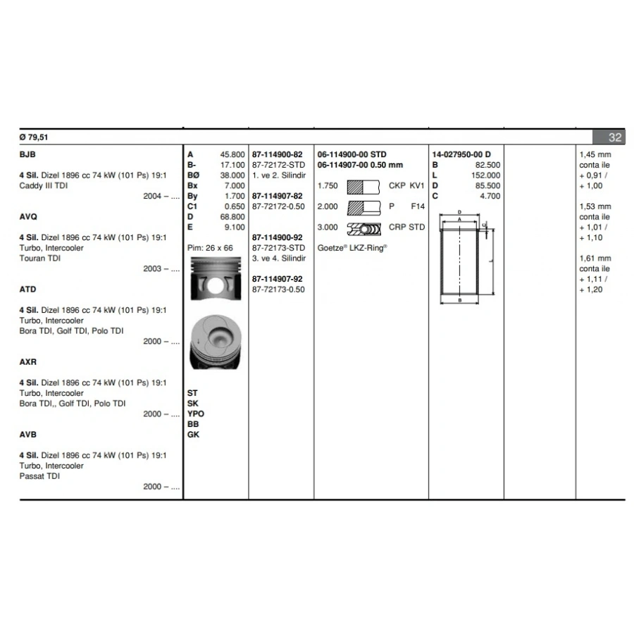 PISTON+SEGMAN 26 Ø (1-2 SILINDIR) (79,5 mm) CADDY-GOLF5-JETTA-PASSAT BJB-AVB-BKC-BXE 1,9 TDI 04-10