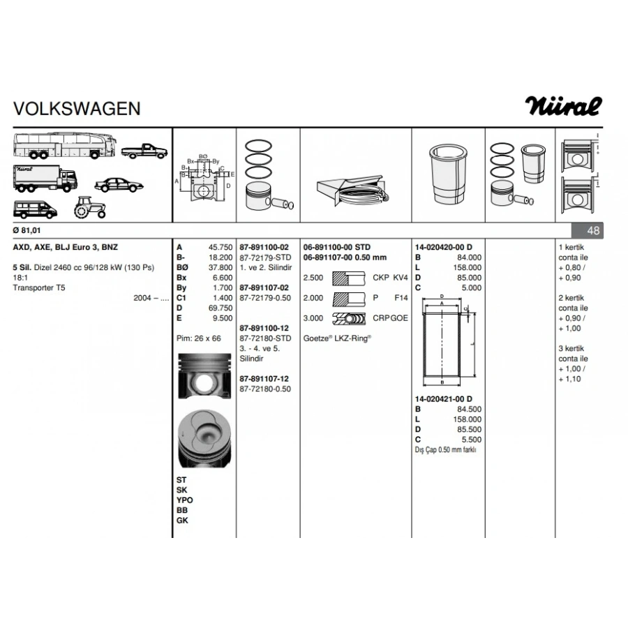 PISTON+SEGMAN 26 Ø (1-2 SILINDIR) (81 mm) T5-TOUAREG AXD-AXE-BAC 2,5 TDI 04-10