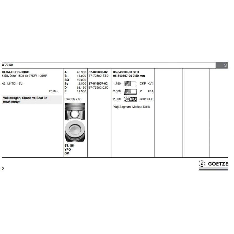 PISTON+SEGMAN 26 Ø (79,5 mm) GOLF7-A3-LEON CLHA-CLHB-CRKB 1,6 TDI 13-