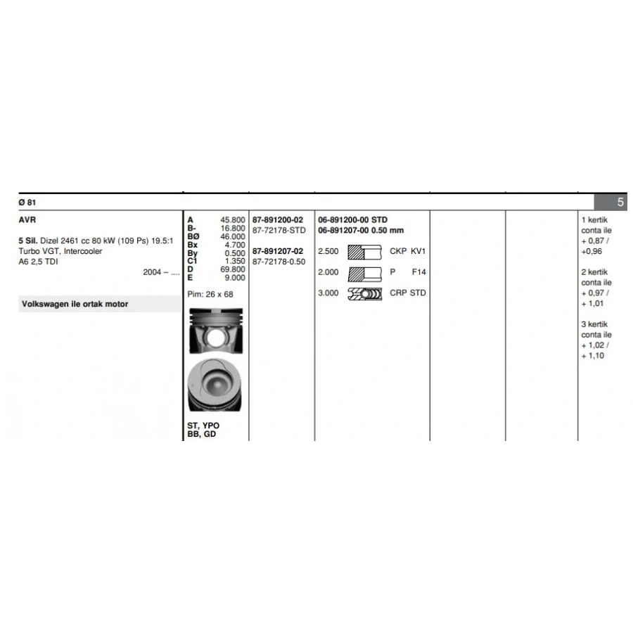 PISTON+SEGMAN 26 Ø (81,5 mm) LT-CRAFTER AVR-BJK 2,5 TDI 06-