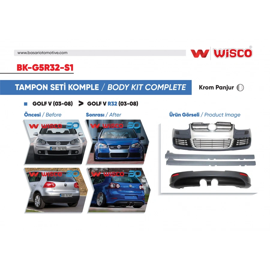 TAMPON SETI KOMPLE (ON-ARKA-YAN) KROM PANJURLU VW GOLF 5 R32 04-08