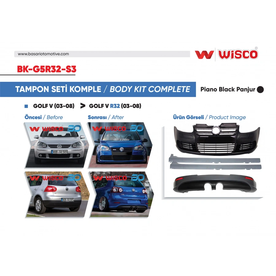 TAMPON SETI KOMPLE (ON-ARKA-YAN) PAR. SIYAH PANJUR VW GOLF 5 R32 04-08